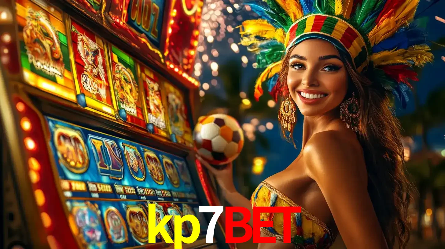 Mulher com um cocar de carnaval ao lado de uma máquina de caça-níqueis enquanto segura uma bola de futebol, mostrando a união da diversão de cassino e esportes no kp7bet.