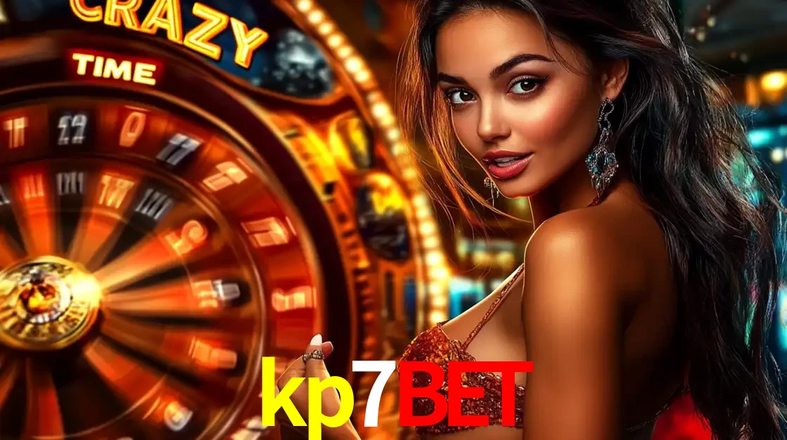 Mulher ao lado da roda de prêmios do jogo de cassino ao vivo Crazy Time, um dos shows de jogos mais emocionantes oferecidos pela plataforma de apostas kp7bet.