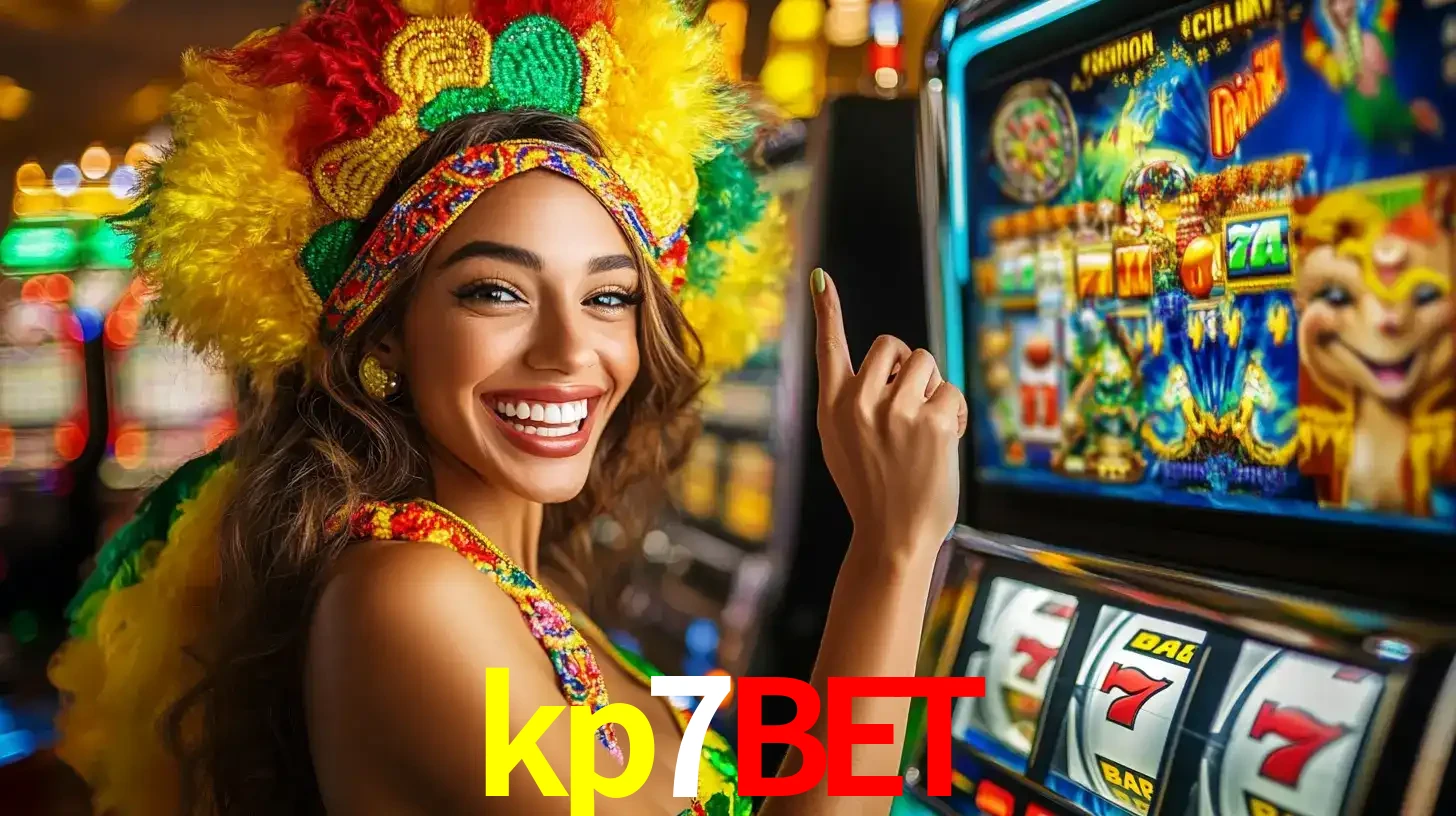 Mulher animada com um cocar de carnaval apontando para uma máquina de caça-níqueis, mostrando a emoção de ganhar um grande prêmio nos jogos do kp7bet.