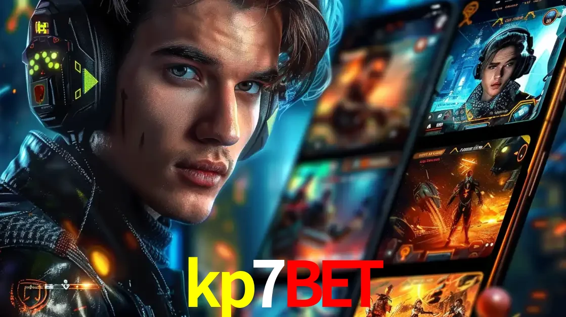 Jovem jogador com fones de ouvido olhando para a câmera, com um aplicativo de jogos e e-sports para celular ao fundo, pronto para a competição e apostas no kp7bet.
