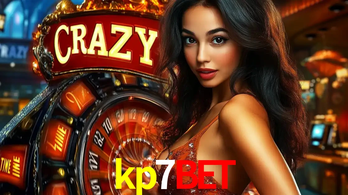 Mulher glamourosa olhando para a câmera com a roda vermelha do Crazy Time ao fundo em um ambiente de cassino, destacando a emoção dos jogos ao vivo no kp7bet.