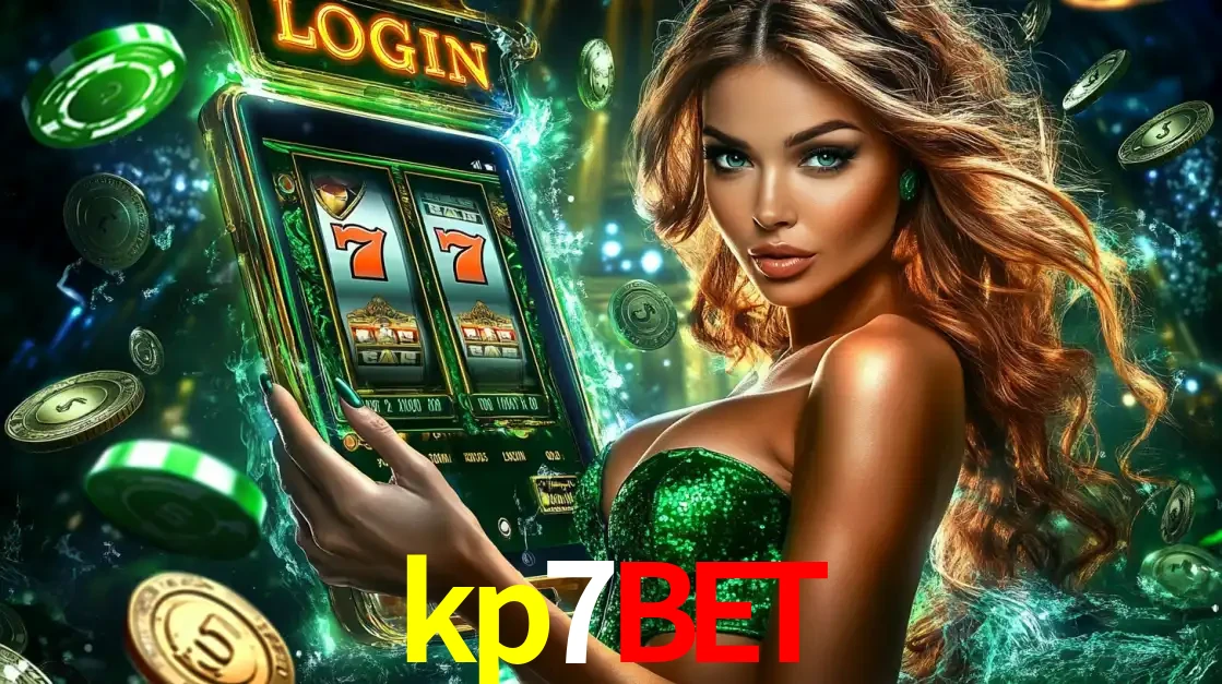 Mulher com tema verde apresentando o aplicativo do cassino kp7bet com um jogo de slot de 777, cercada por fichas de cassino e uma aura de sorte.