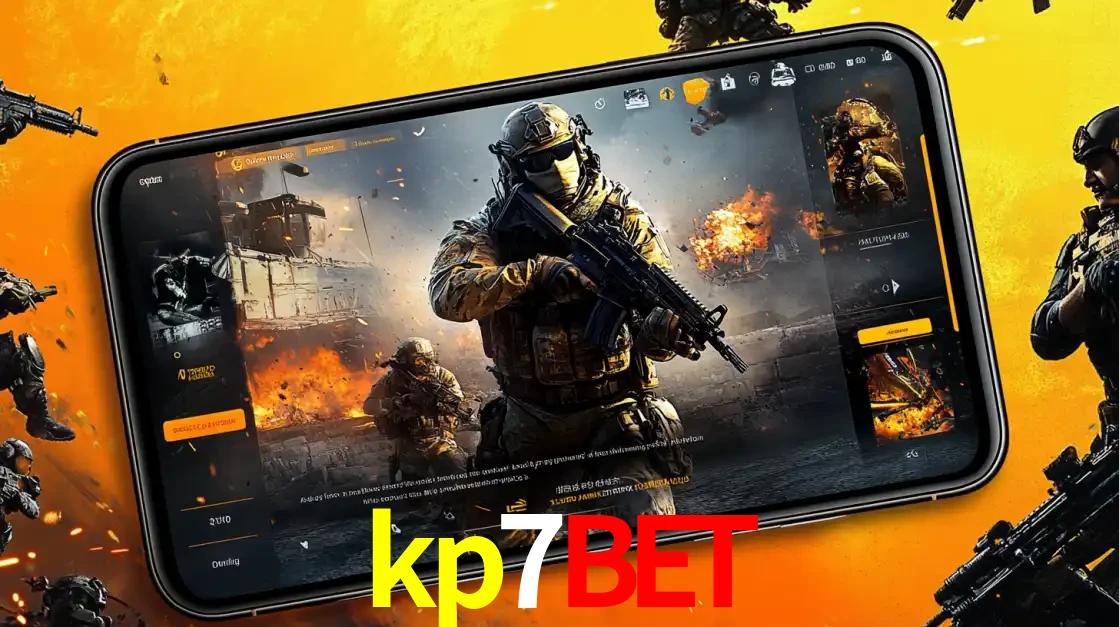Um smartphone exibindo a interface de um jogo de tiro em primeira pessoa, com um soldado em um cenário de batalha, representando a ação dos e-sports para apostar no kp7bet.