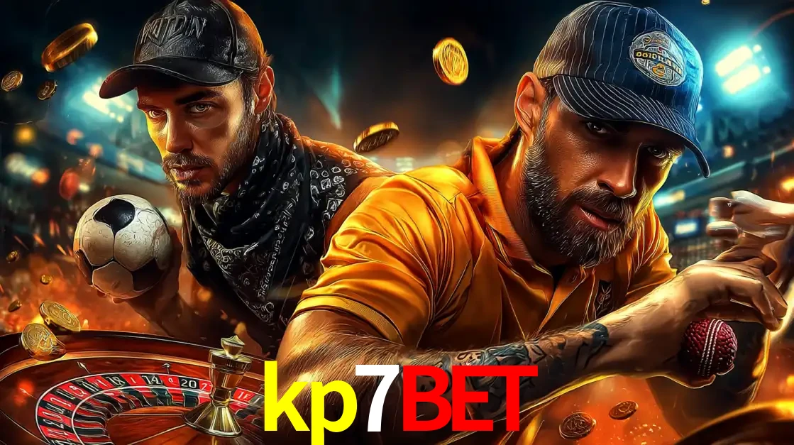 Montagem de apostas esportivas e cassino no kp7bet, com um homem segurando uma bola de futebol e outro uma de beisebol sobre uma roleta e moedas voadoras.