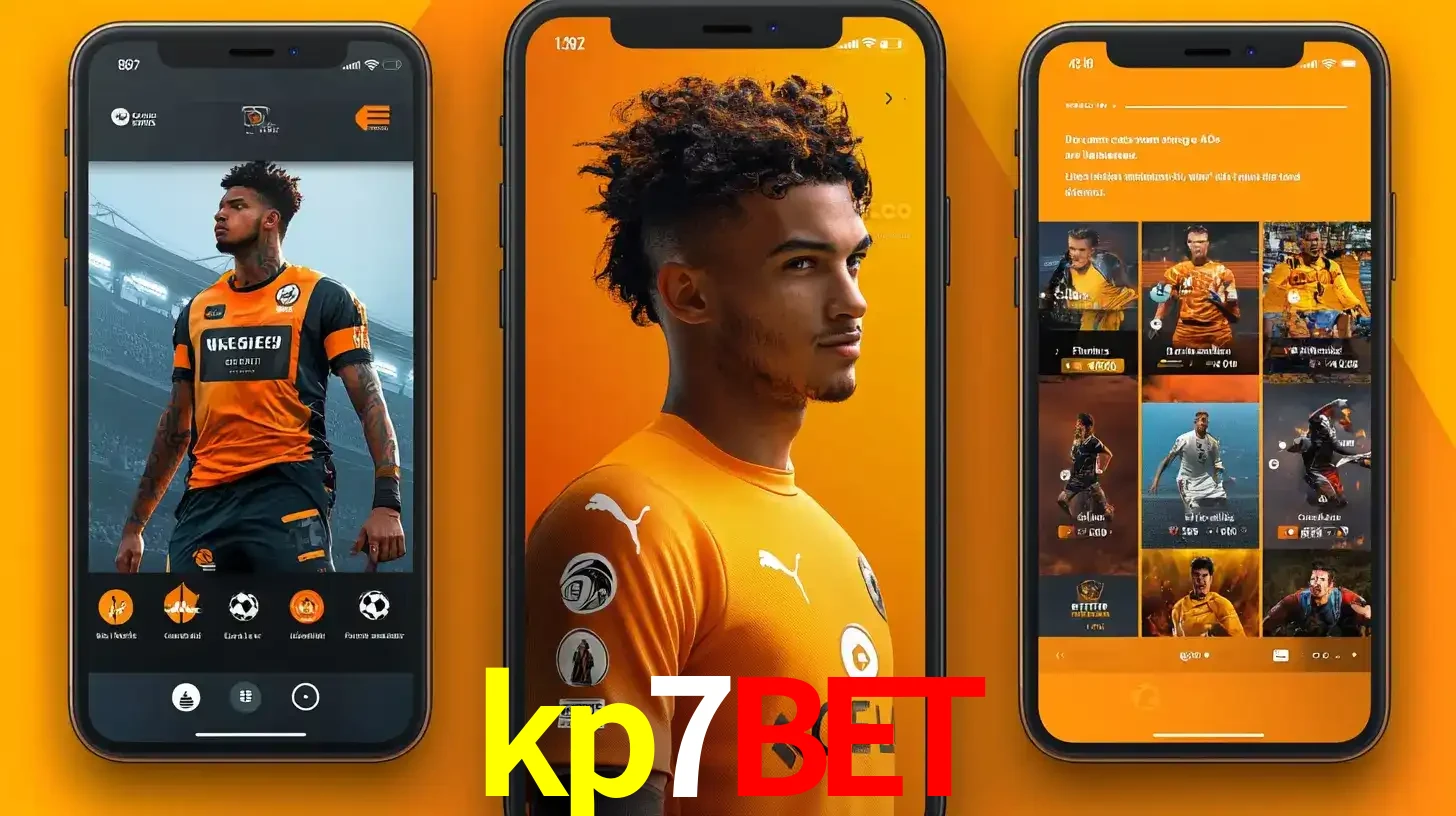Interface do aplicativo de apostas esportivas kp7bet em três telas de celular, mostrando o perfil de um jogador de futebol e a lista de jogos disponíveis para apostar.