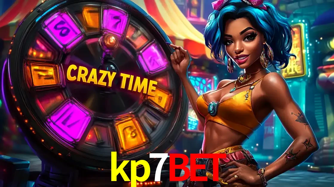 Mulher estilizada com cabelo azul e visual vibrante posando ao lado da roda de prêmios do game show Crazy Time, convidando para a diversão e os bônus do cassino kp7bet.