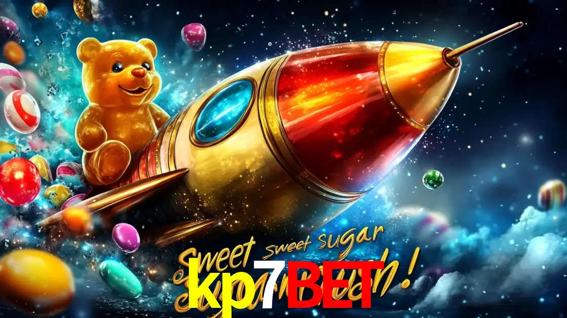 Arte promocional do jogo de slot Sugar Rush, com um urso de pelúcia em um foguete viajando pelo espaço de doces, um dos jogos divertidos disponíveis no cassino kp7bet.