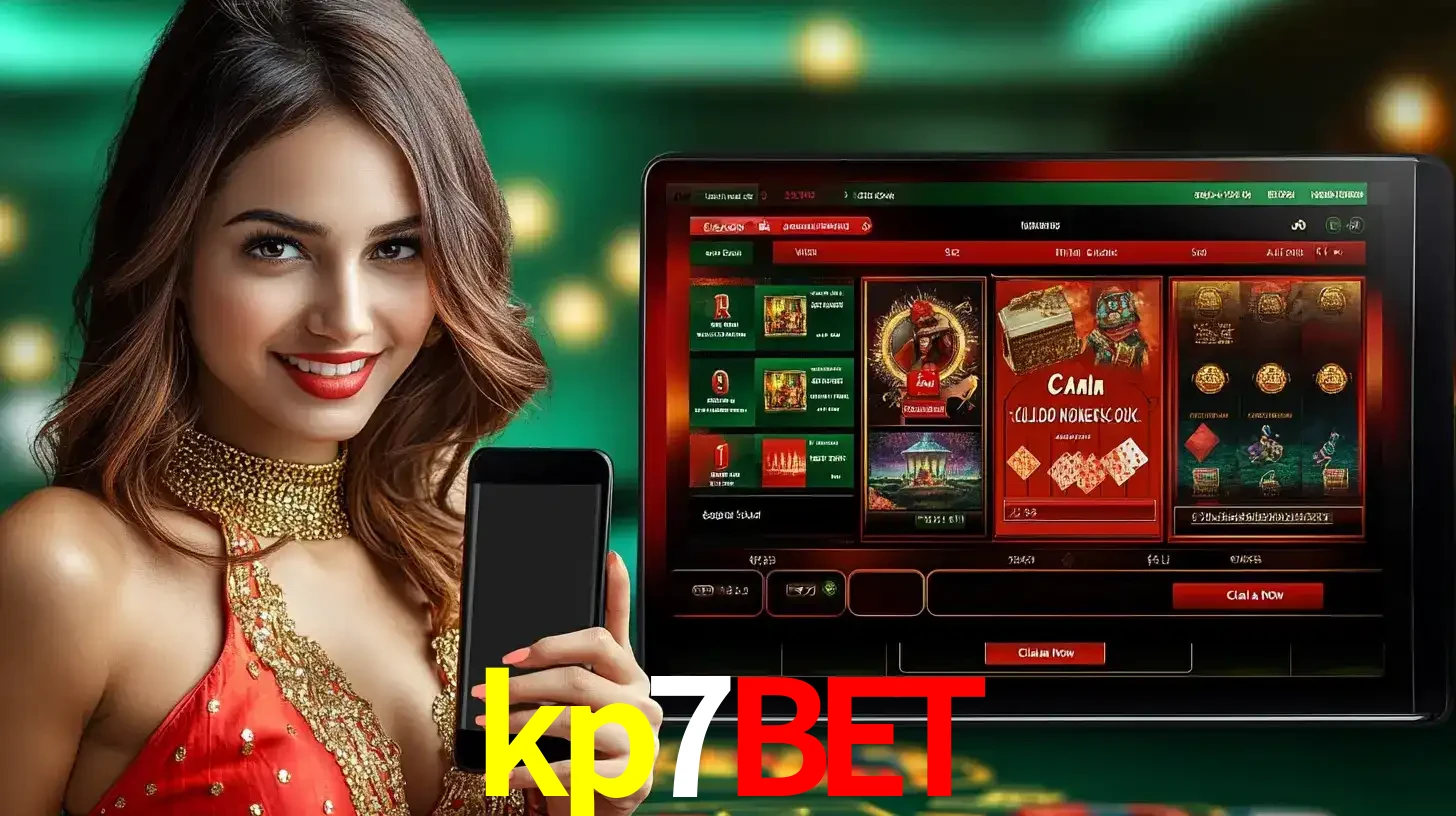 Mulher sorridente segurando um smartphone, ao lado de uma tela exibindo o lobby de jogos do cassino online kp7bet, com várias opções de jogos de cartas e slots.